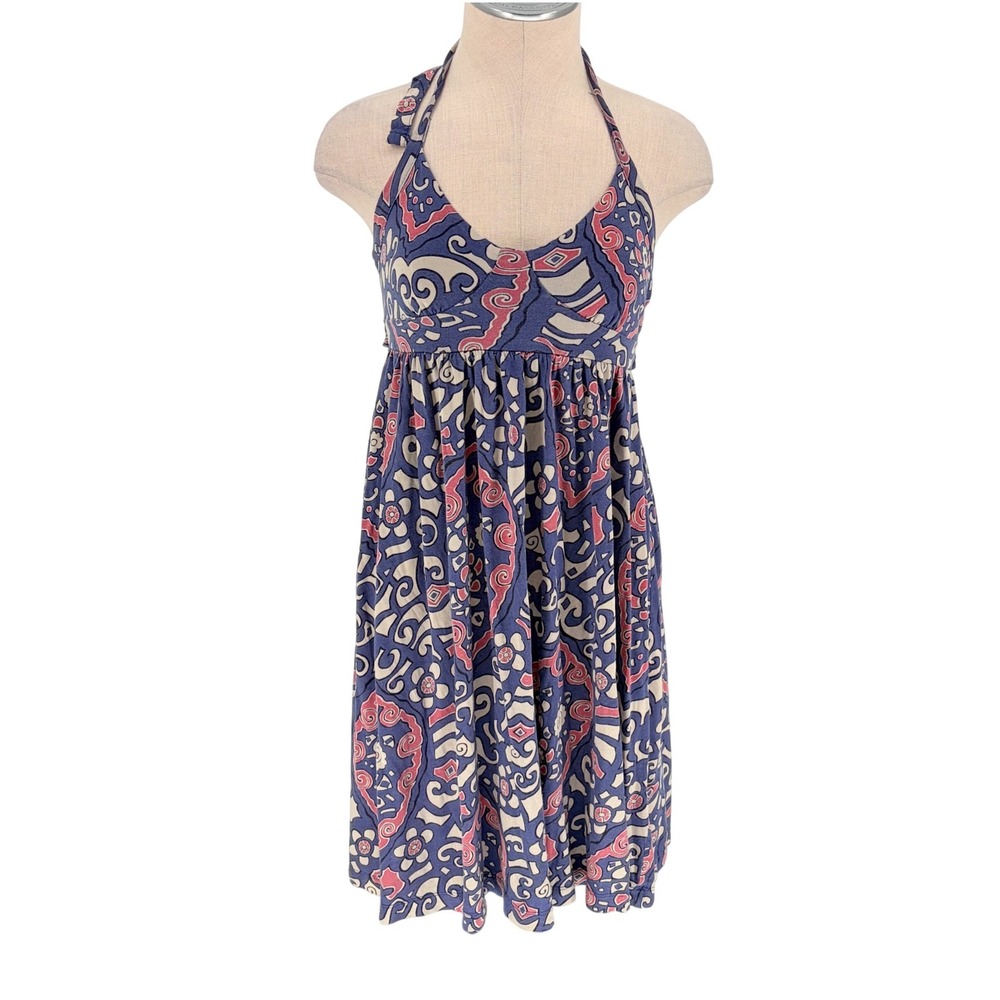 Old Navy Halter Dress XS Blue Pink Y2K Boho Geometric Empire Waist Sun Dress